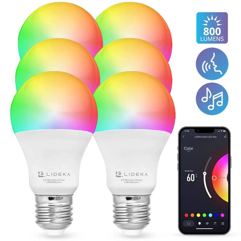 Lideka® - Slimme LED Smart Lampen - E27 9W - Set Van 6 - RGBW - met App - Dimbaar LED lampen Lideka Home   